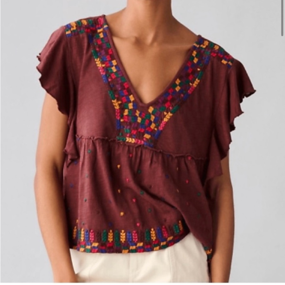 Anthropologie Womens Embroidered Ruffle Sleeve Peplum Blouse